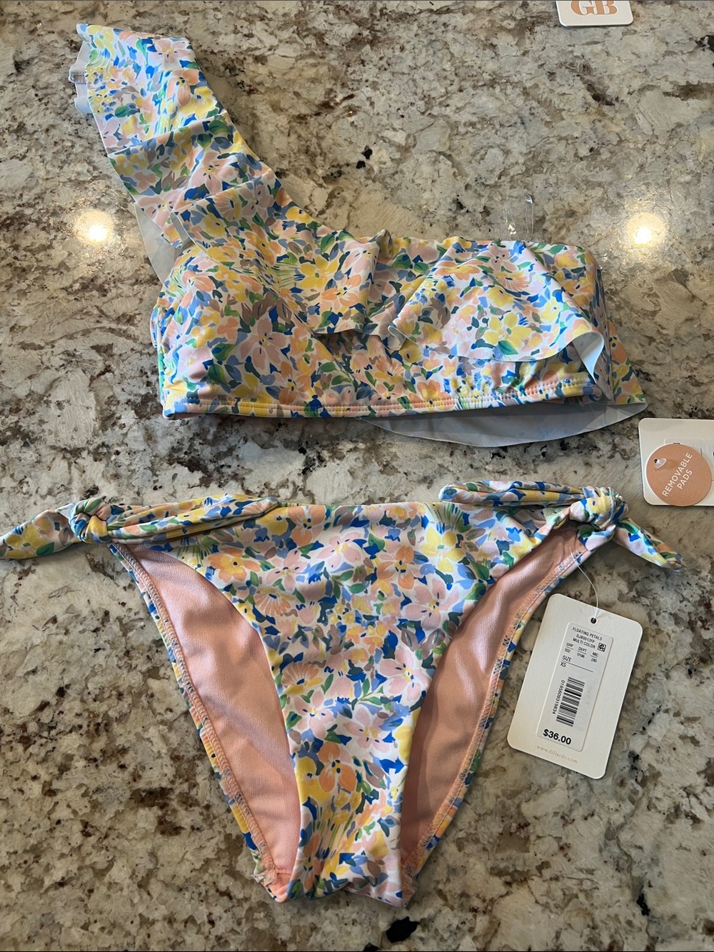 GB Woman’s Pastel Floral One-Shoulder Bikini in Pink, Yellow & Blue Size XS